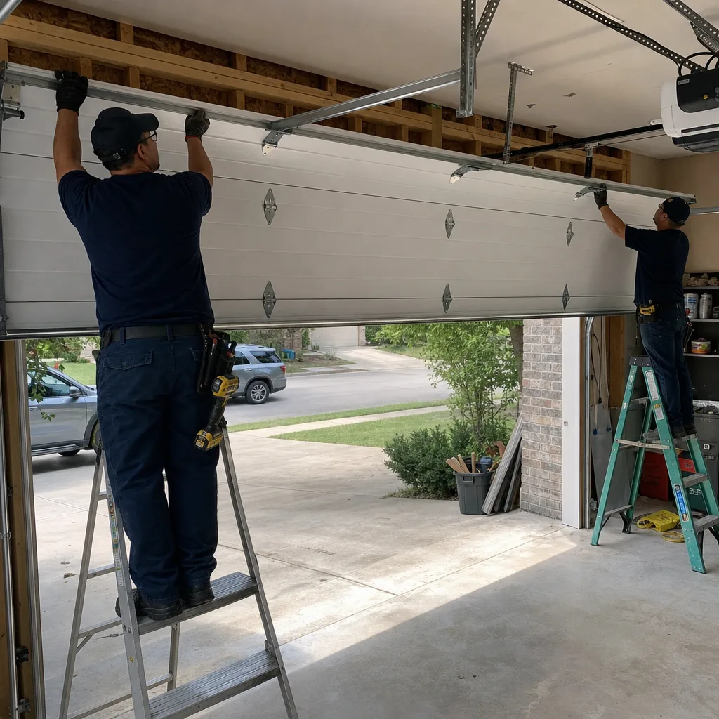 Two professional technicians performing a residential garage door installation on ladders.