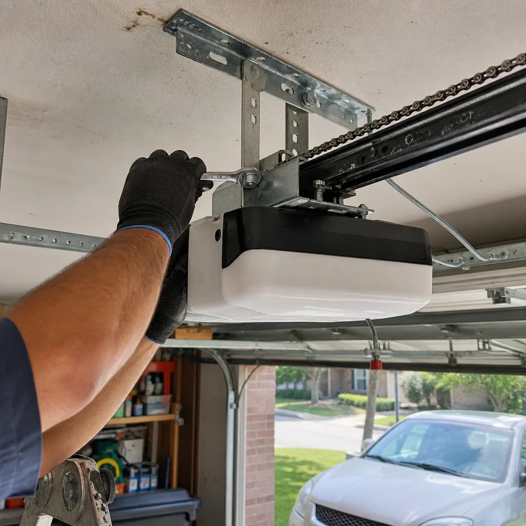 Technician performing garage door opener installation and repair services