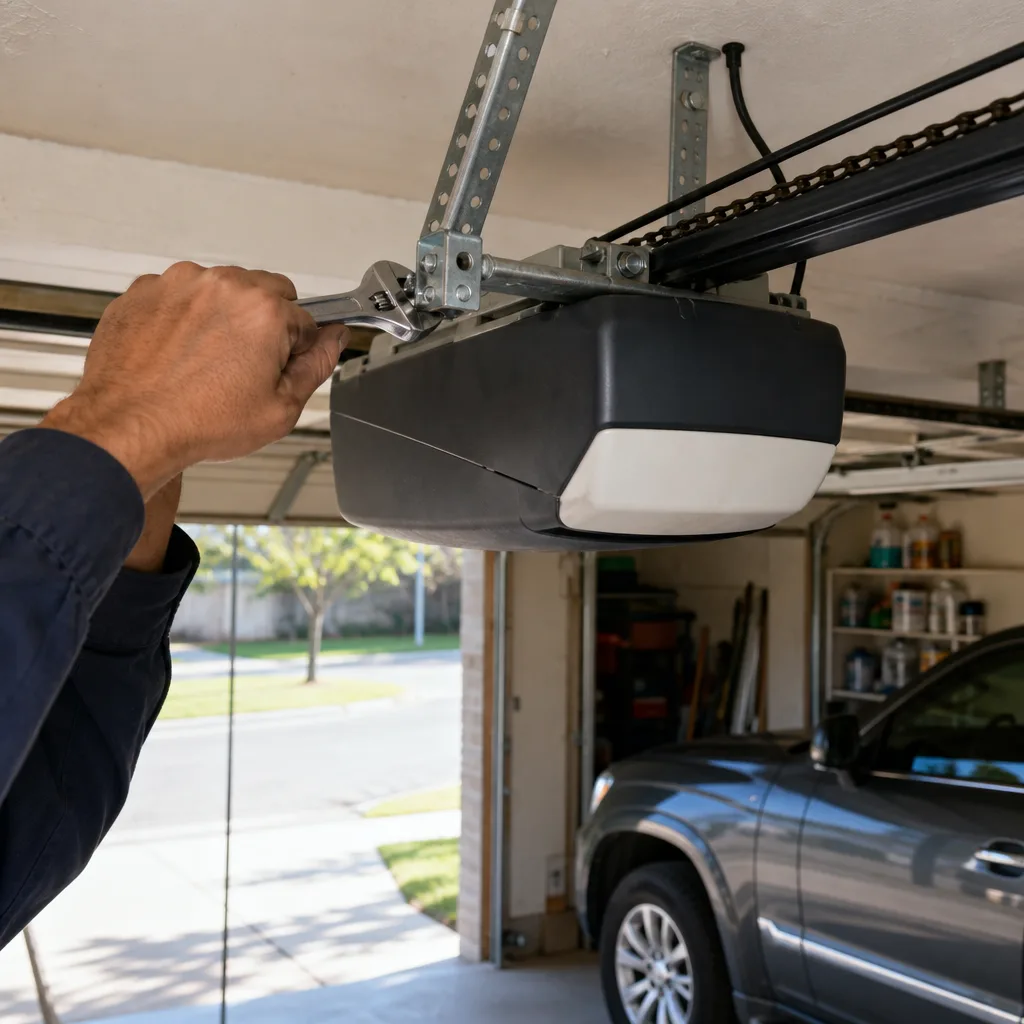 Technician repairing or installing a residential garage door opener mechanism