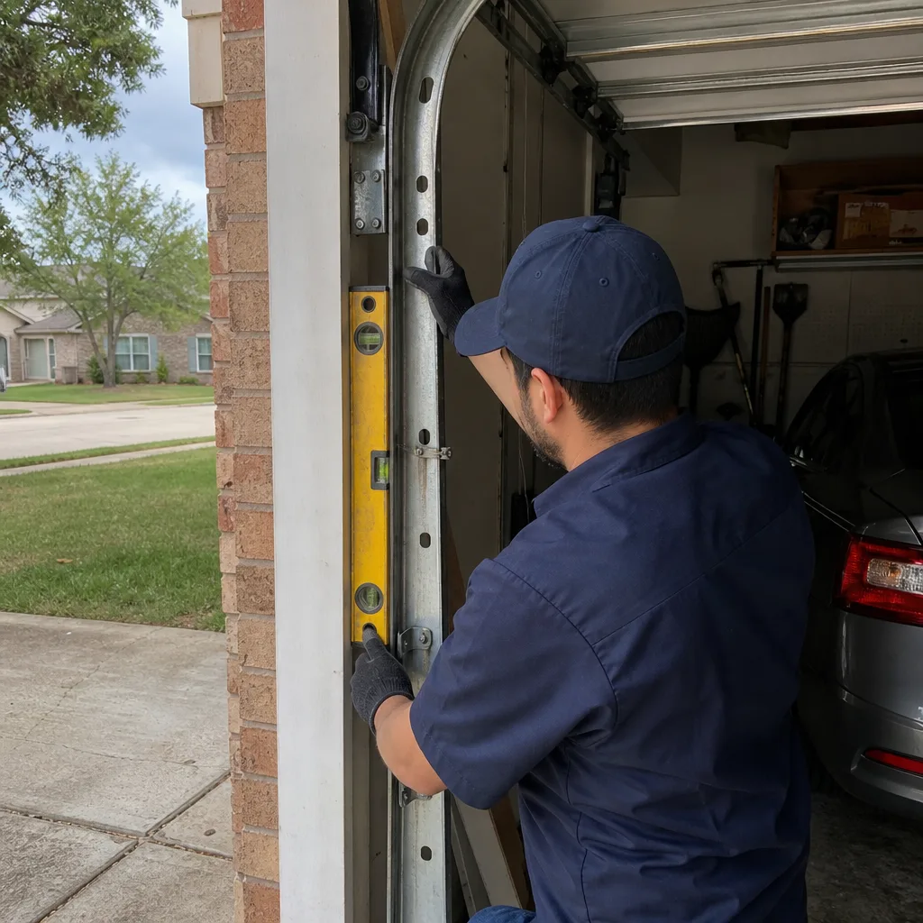 Garage door technician checking vertical track alignment with a level