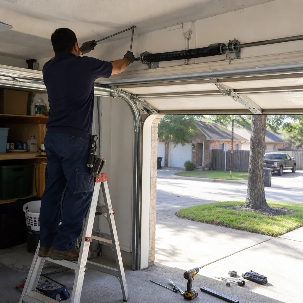 Technician performing professional garage door spring repair and maintenance